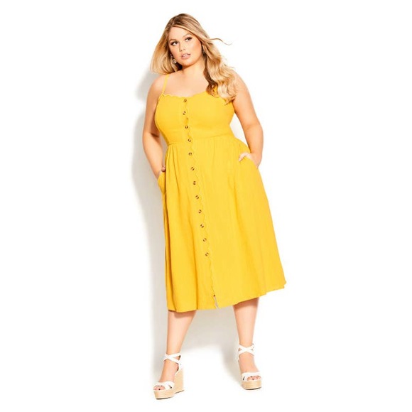 City Chic Dresses & Skirts - City Chic Women's Scallop Button Dress Adjustable Straps Mustard Yellow Size 16